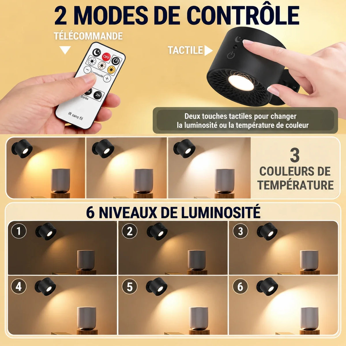 Dotia 2 modes de contrôle, 3 couleurs de température, 6 niveaux de luminosité